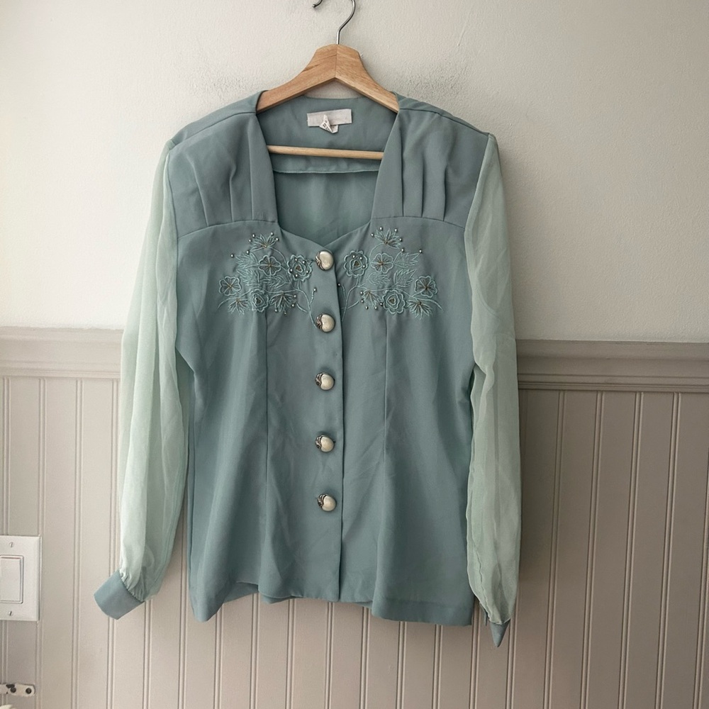 Vintage Caryel Light Blue Seafoam Blouse and Matching Skirt Set - Picture 7 of 8